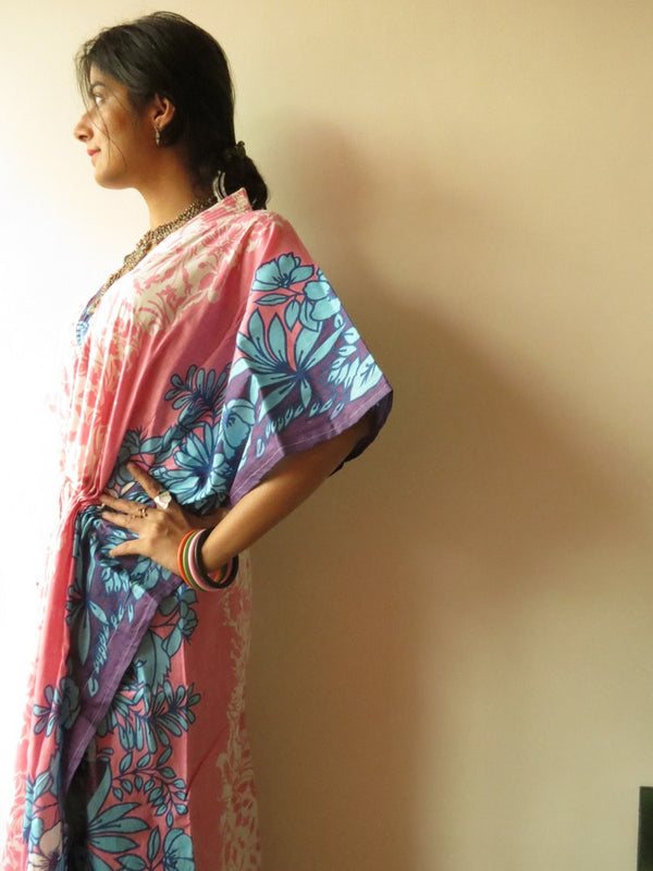 White Pink Leafy V-Neck, Ankle Length, Cinched Waist Caftan