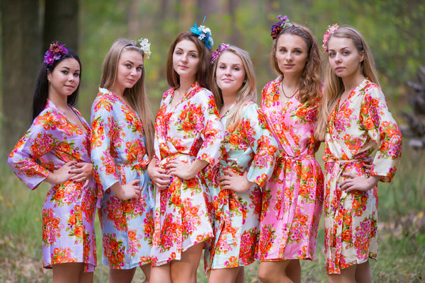 Mismatched Silk Floral Posy Patterned Bridesmaids Robes in Soft Tones