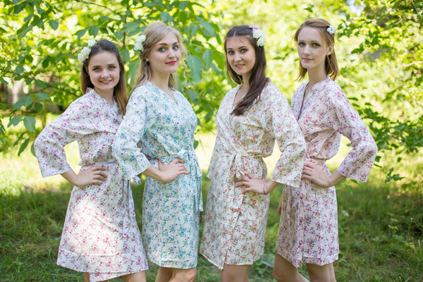 Mismatched Tiny Blossoms Patterned Bridesmaids Robes in Soft Tones
