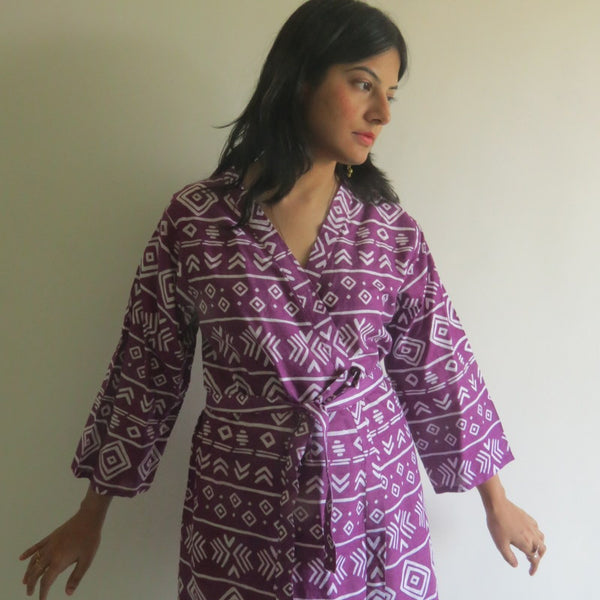 Purple Aztec Knee Length, Kimono Crossover Belted Robe