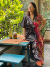 Vibrant Foliage V-Neck, Cinched Waist Ankle Length Kaftan