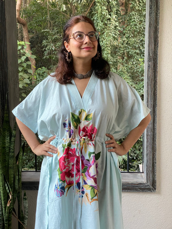 One Long Flower V-Neck, Knee Length, Cinched Waist Caftan