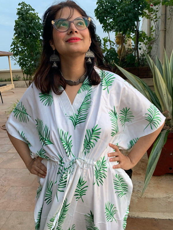 Tropical Delight V-Neck, Cinched Waist Ankle Length Kaftan