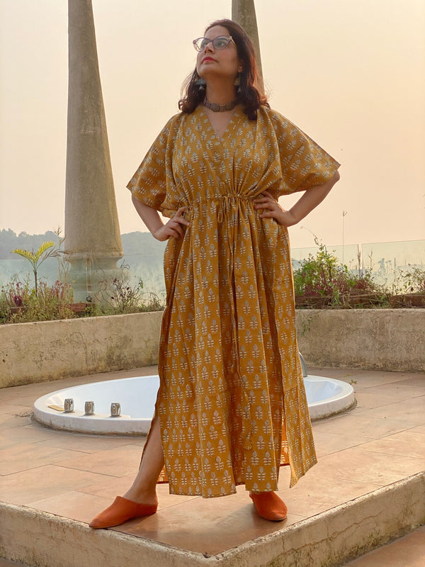 Mustard leafy Motif Hand-Blocked Caftan with V-Neck, Cinched Waist and Available in both Knee and Ankle Length
