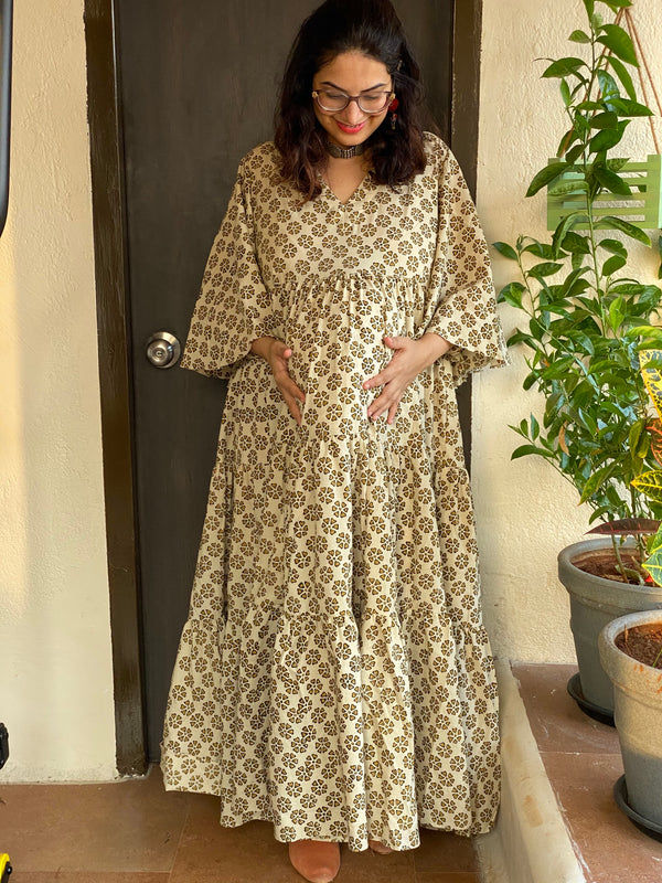 Ivory Gold Floral Motif Hand-Block Tiered Maternity Dress