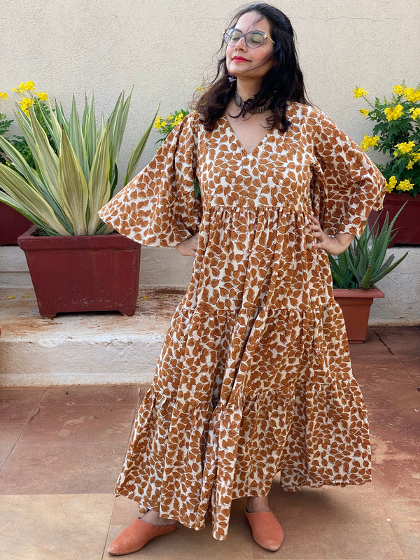 Ivory Mustard Leafy Motif Hand-Block Tiered Dress