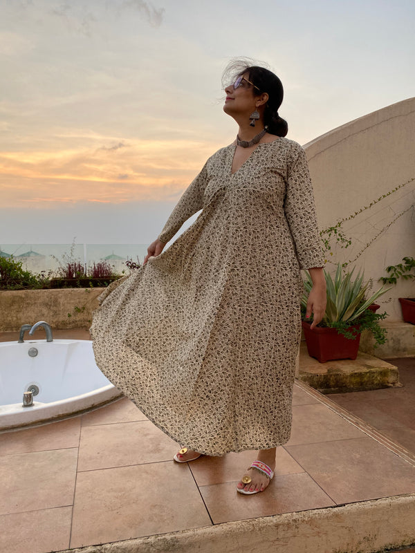 Ivory Green Teeny Tiny Leafy Motif Hand-Blocked Free Flow Dress | Available in both Knee and Ankle Length