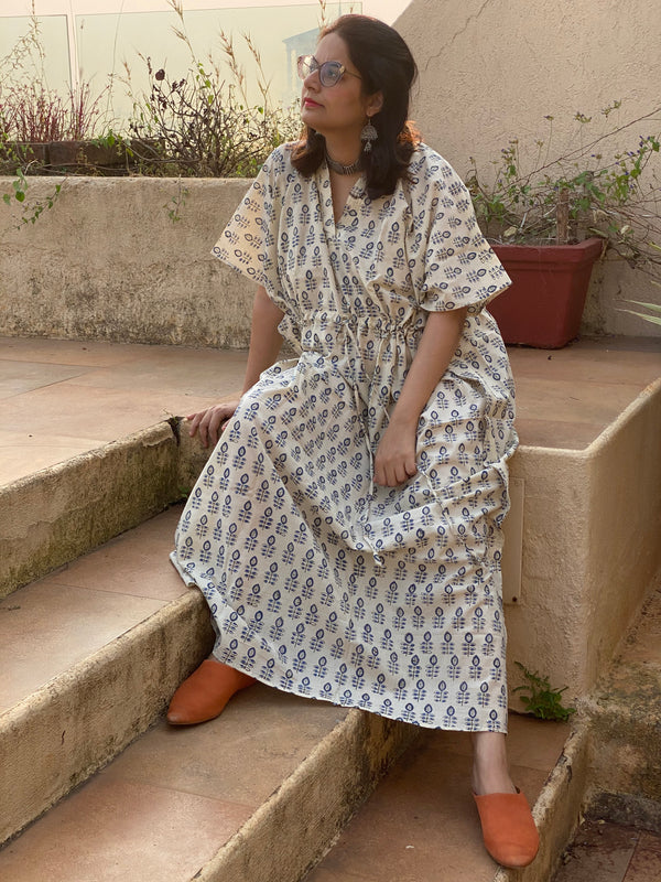 Ivory Blue leafy Motif Hand-Blocked Caftan with V-Neck, Cinched Waist and Available in both Knee and Ankle Length