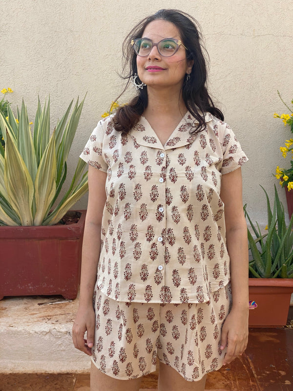 Ivory Paisley Motif Hand Block Printed Pjs | Organic Cotton Notched Collared Front Buttoned Pajama Set