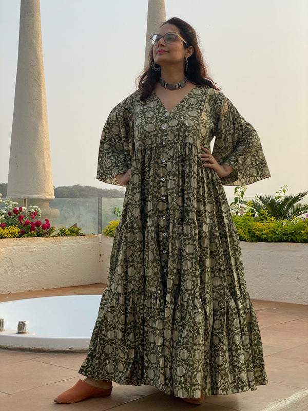 Green Lotus Motif Hand-Block Printed Tiered Dress