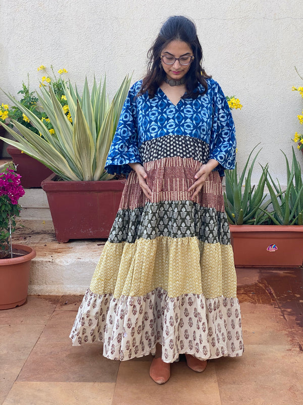 Mixed Patterns Hand-Block 5-Tier Maternity Dress