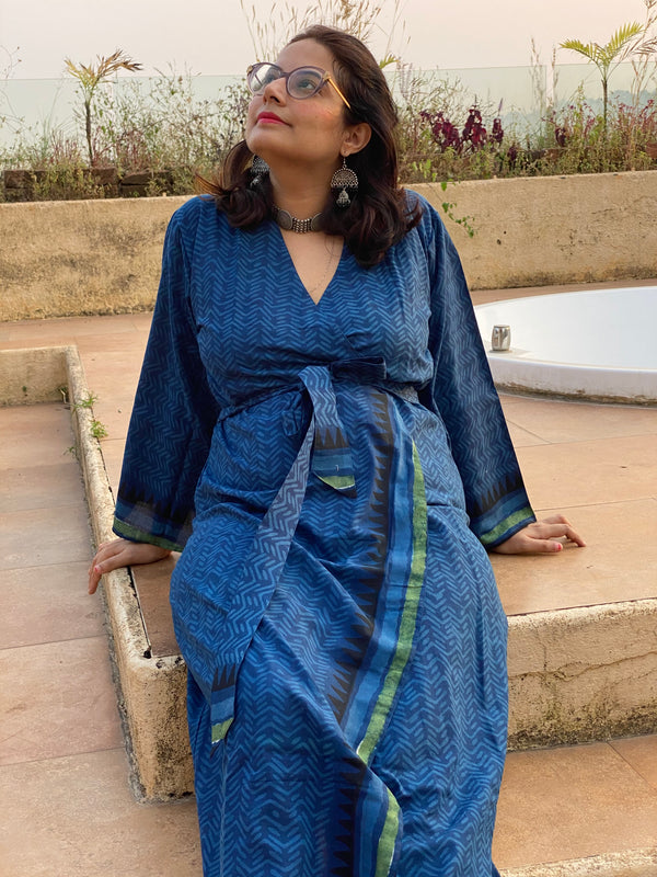 Indigo Blue Geometric Motif Hand Block Printed Kimono Robe | Available in both Knee and Ankle Length