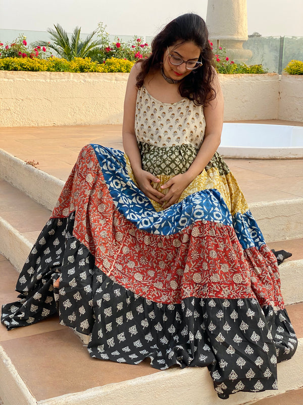 Mixed Patterns Hand-Block 5-Tier Spaghetti Maternity Dress