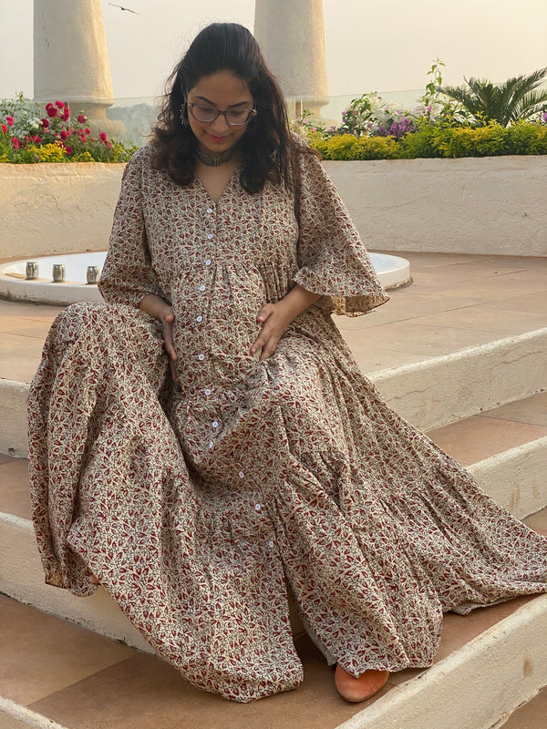 Ivory Red Tiny Leafy Motif Hand-Block Tiered Front Buttoned Maternity Dress