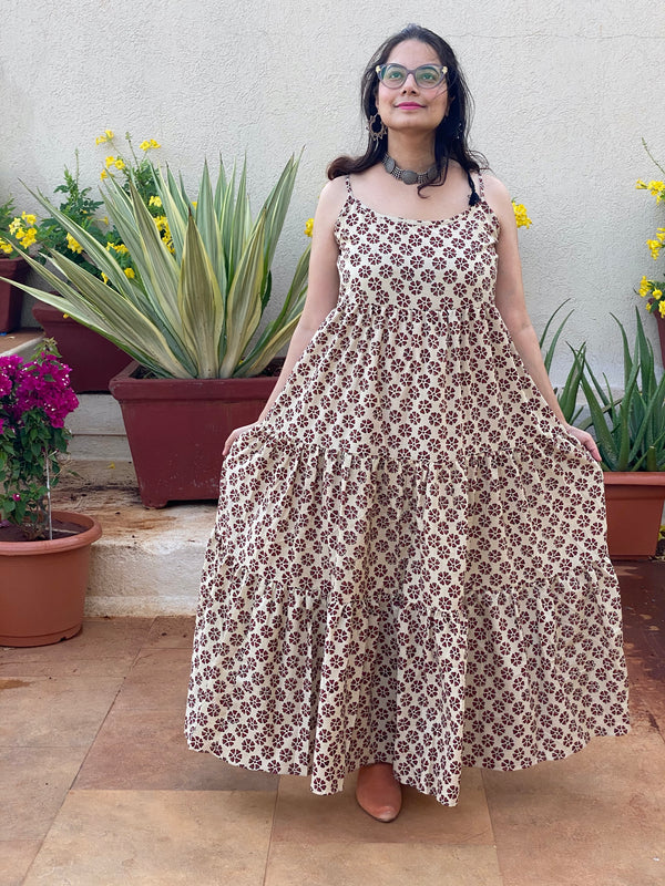 Spaghetti Ivory Red Floral Motif Hand-Block Printed Tiered Dress