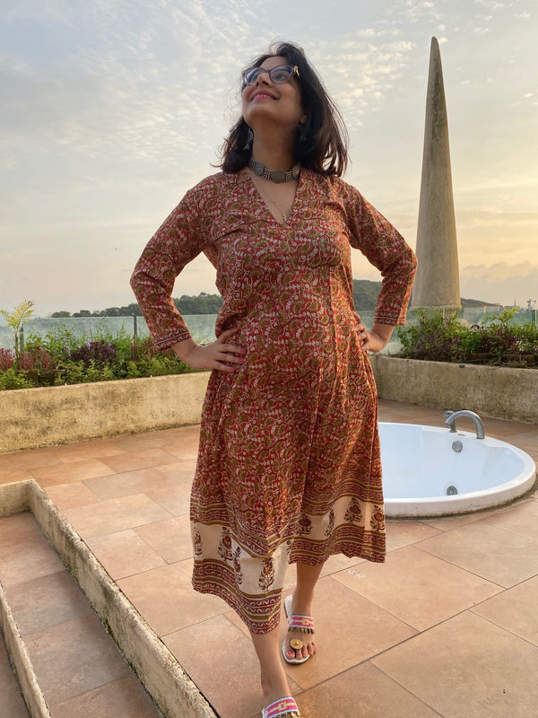 Red Floral Bordered Hand-Blocked Free Flow Dress | Available in both Knee and Ankle Length