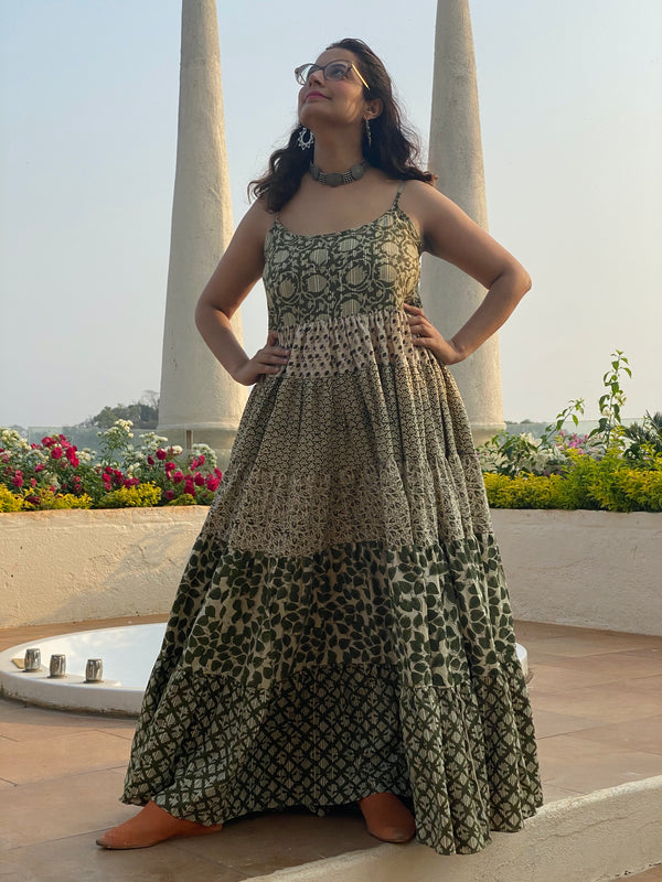 Ivory Green Mixed Hand Block Printed 5 Tiered Spaghetti Dress