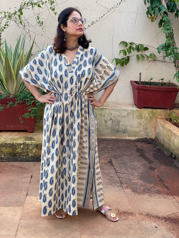 Ivory Blue Paisley Bordered Hand Block Printed Caftan with V-Neck, Cinched Waist and Available in both Knee and Ankle Length