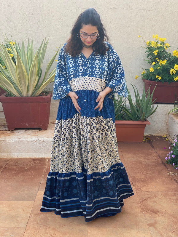 Mixed Patterns Blue and Ivory Hand-Block 5-Tier Maternity Dress