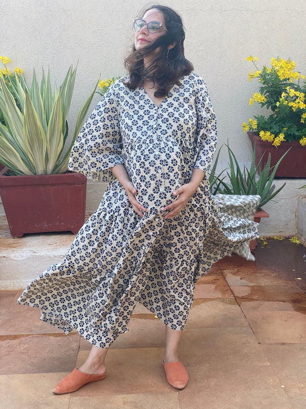 Ivory Blue Floral Motif Hand-Block Tiered Front Buttoned Maternity Dress