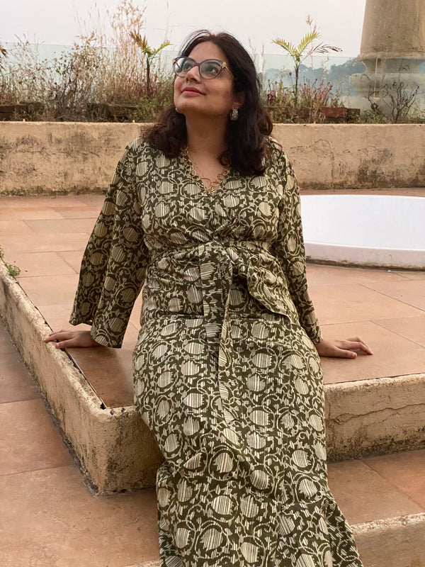 Green Floral Motif Geometric Motif Hand Block Printed Kimono Robe | Available in both Knee and Ankle Length