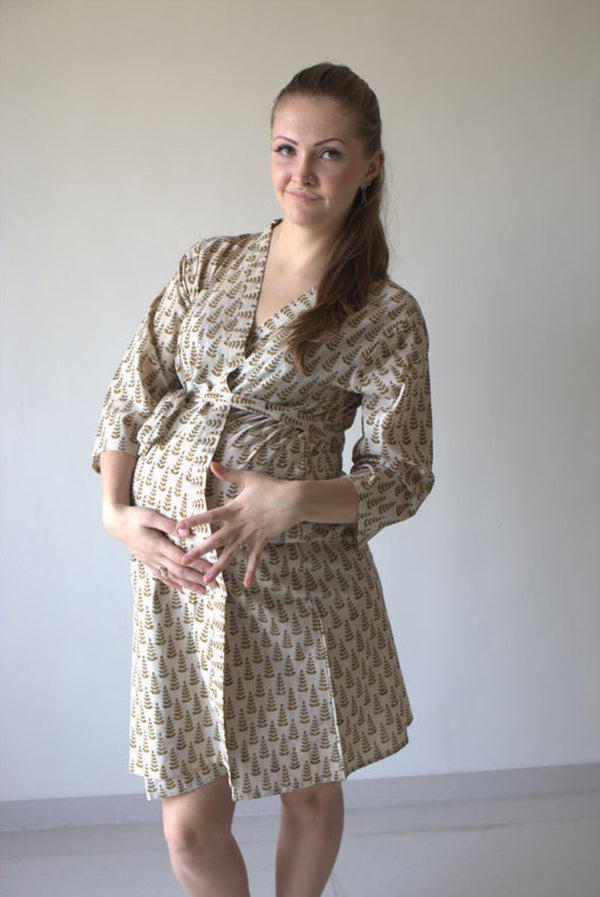 Ivory Tiny Tree Motif Hand Block Organic Cotton Maternity Robe