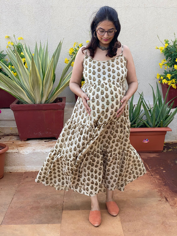 Ivory Gold Paisley Motif Hand-Block Tiered Maternity Spaghetti Dress