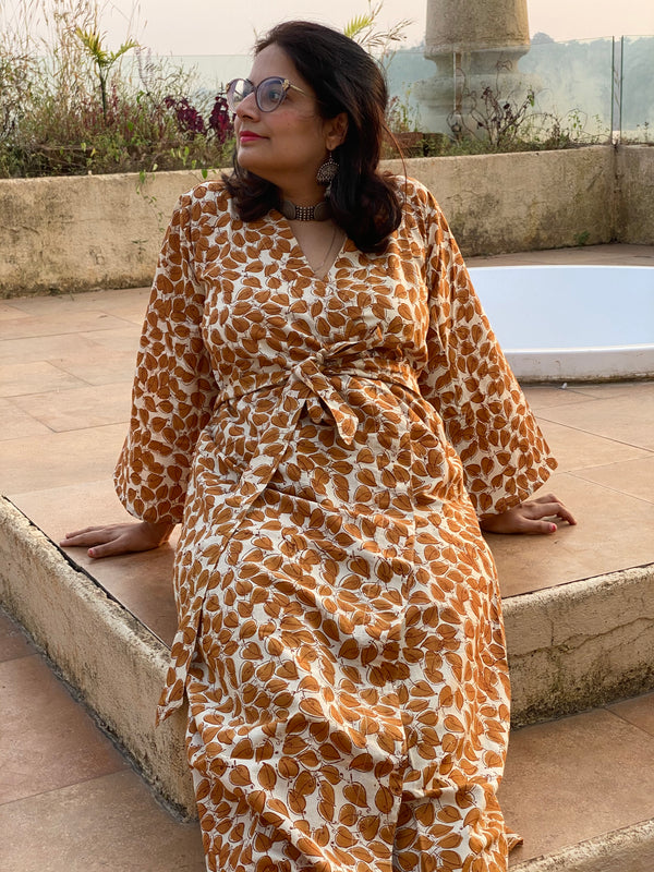 Mustard Leafy Motif Hand-Block Printed Kimono Robe | Available in both Knee and Ankle Length