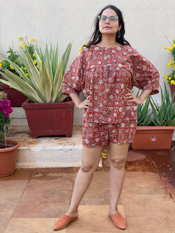 Red Floral Motif Hand Block Printed Pjs | Organic Cotton Pajama Set | Available in both shorts and pants style