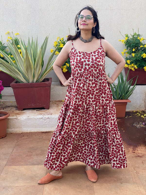 Spaghetti Red Leafy Motif Hand-Block Printed Tiered Dress