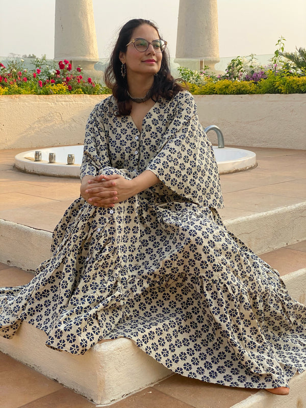 Ivory Blue Floral Motif Hand-Block Front Buttoned Tiered Dress