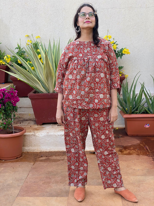 Red Floral Motif Hand Block Printed Pjs | Organic Cotton Pajama Set | Available in both shorts and pants style