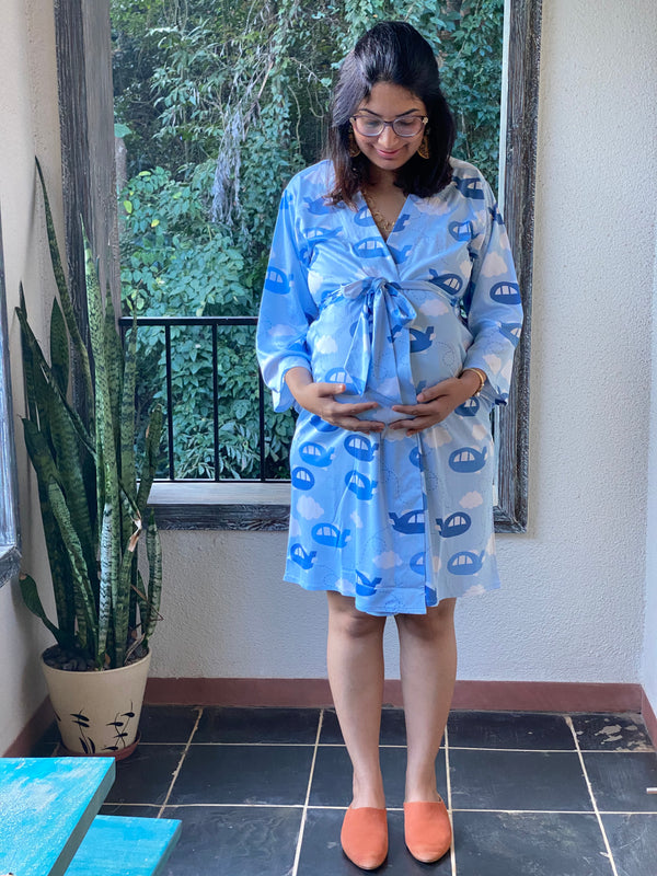 Aero Aero Airplanes Maternity Robe | Softest Jersey Knit Organic Cotton | Nursing Gown | Delivery Robe