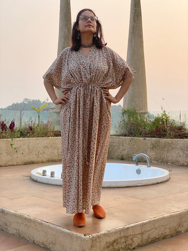 Ivory with Red leafy Motif Hand-Blocked Caftan with V-Neck, Cinched Waist and Available in both Knee and Ankle Length