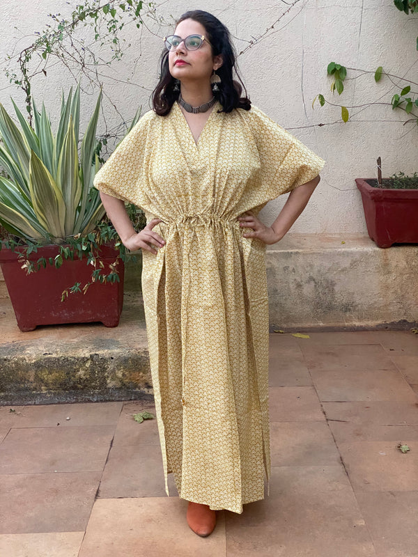 Yellow Triangle Motif Hand Block Printed Caftan with V-Neck, Cinched Waist and Available in both Knee and Ankle Length