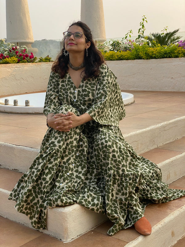 Ivory Green Leafy Motif Hand-Block Printed Front Buttoned Tiered Dress
