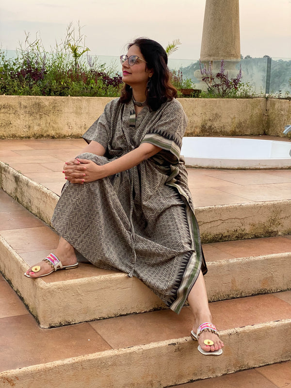 Gray Geometric Motif Bordered Hand Block Printed Caftan with V-Neck, Cinched Waist and Available in both Knee and Ankle Length