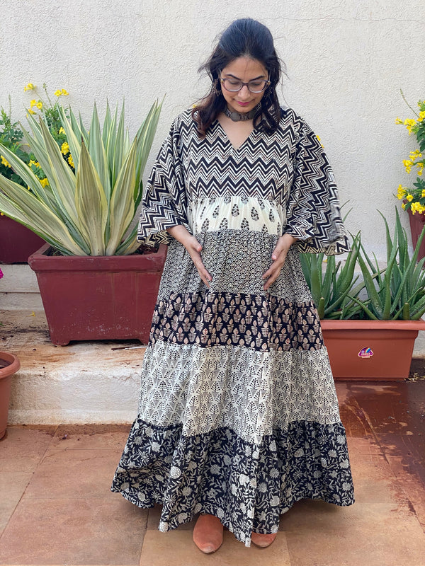 Mixed Patterns Black and Ivory Hand-Block 5-Tier Maternity Dress