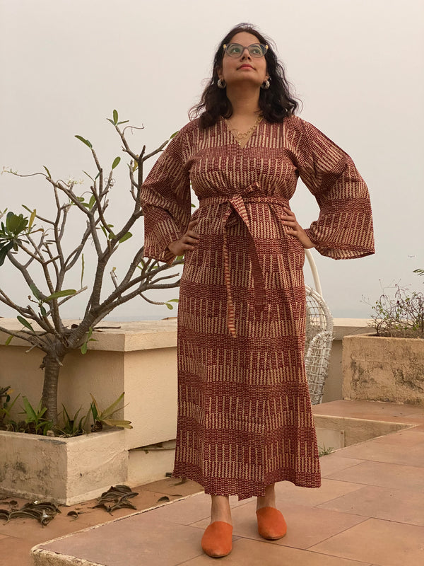 Red Geometric Motif Hand-Block Printed Kimono Robe | Available in both Knee and Ankle Length