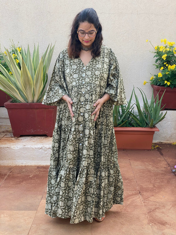 Green Lotus Motif Hand-Block Front Buttoned Tiered Maternity Dress