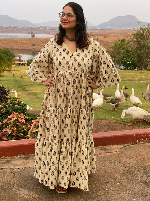 Ivory Black Paisley Motif Hand-Block Printed Front Buttoned Tiered Dress