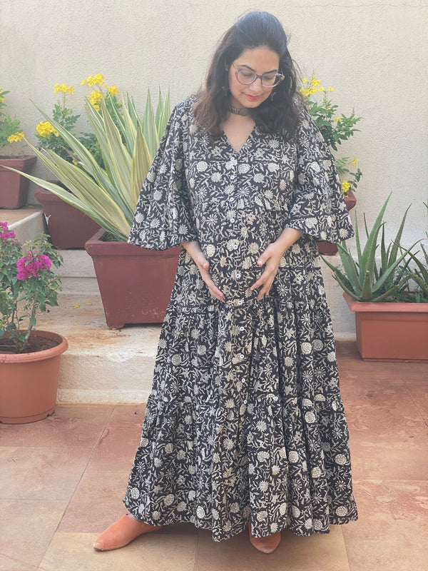 Black Floral Motif Hand-Block Tiered Maternity Dress
