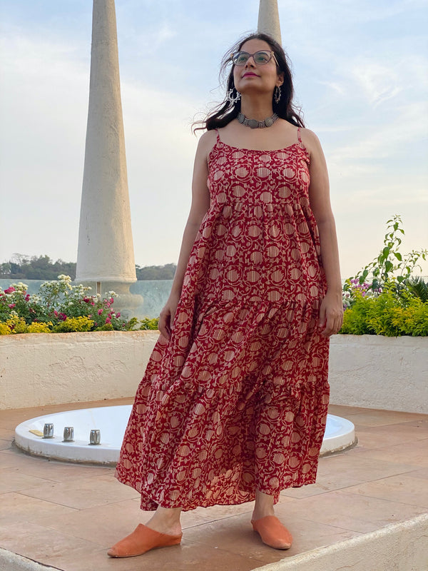 Spaghetti Red Lotus Motif Hand-Block Printed Tiered Dress