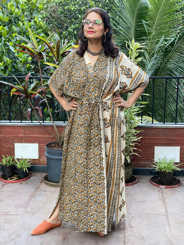 Olive Green Bordered Hand Block Printed Caftan with V-Neck, Cinched Waist and Available in both Knee and Ankle Length
