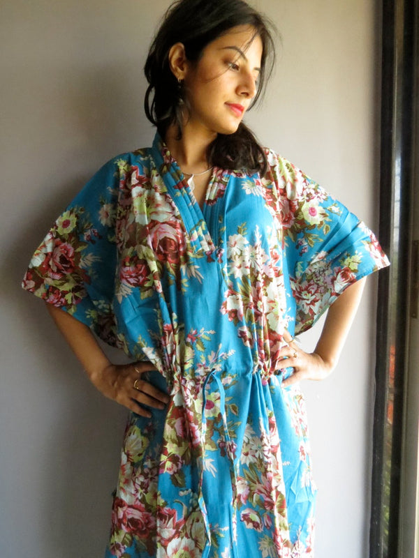Blue Floral Rosy Red Posy V-Neck, Ankle Length, Cinched Waist Caftan
