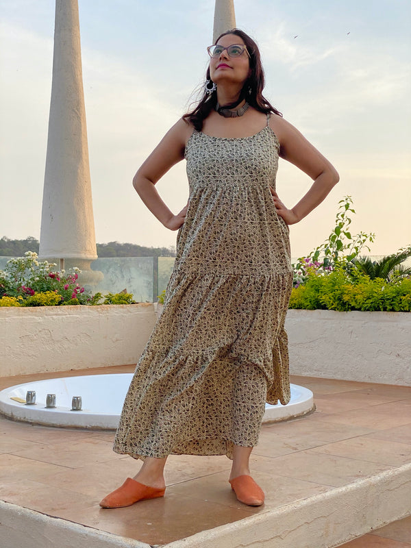 Spaghetti Ivory Green Tiny Leafy Motif Hand-Block Printed Tiered Dress