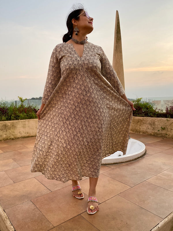 Ivory Black Tiny Tree Motif Hand-Blocked Free Flow Dress | Available in both Knee and Ankle Length