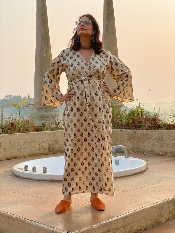 Ivory Floral Motif Hand Block Printed Kimono Robe | Available in both Knee and Ankle Length