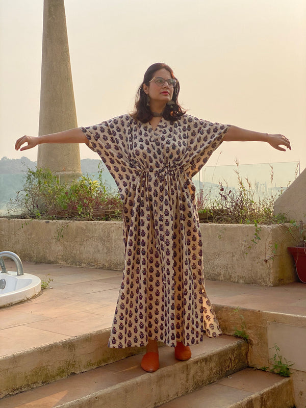 Ivory Blue Paisley Motif Hand Block Printed Caftan with V-Neck, Cinched Waist and Available in both Knee and Ankle Length