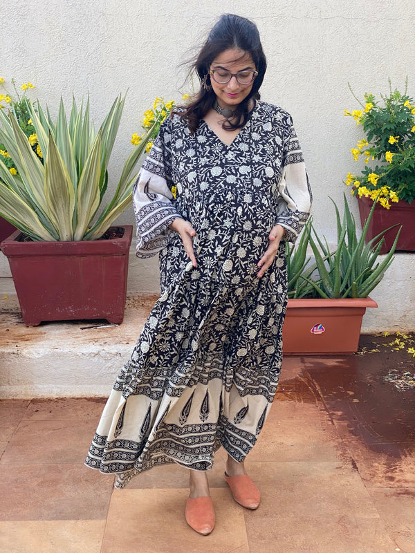 Black Bordered Hand-Block Tiered Maternity Dress